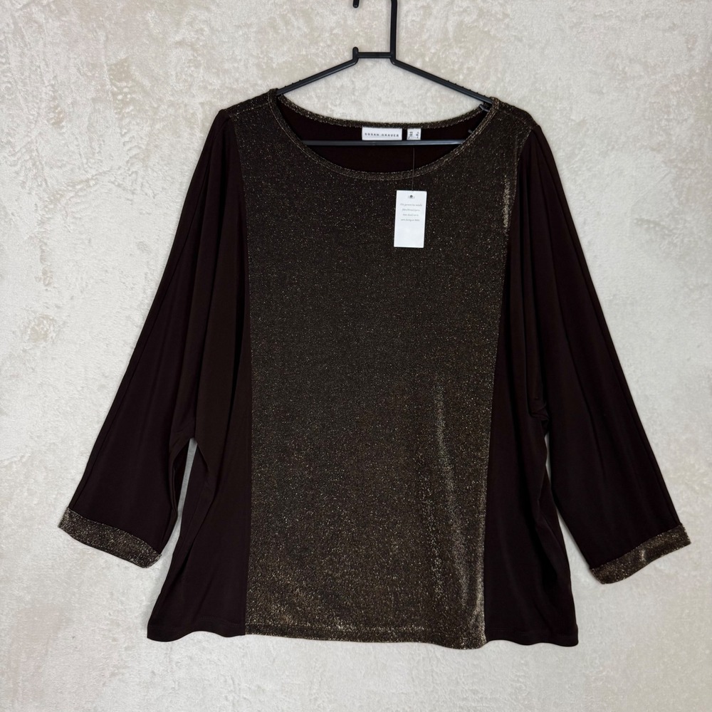Susan Graver Brown Gold Metallic Liquid Knit Dolman Sleeve Top L NWT